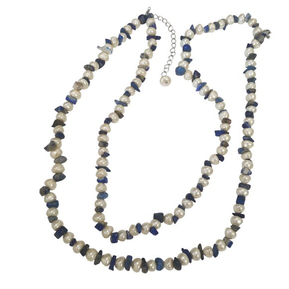 Pearls & Lapis Lazuli Choker Necklace Baroque Freshwater Pearls and Lapis Chips - Picture 6 of 10